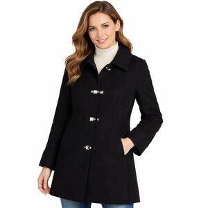 Michael Kors Womens XS Trench Coat Jacket Black Silver Clasp Buttons Pockets Des